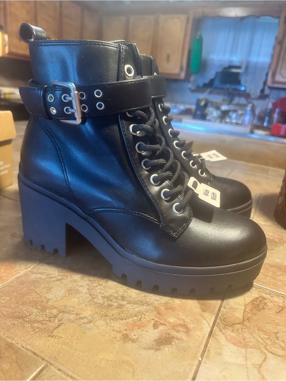 Women's Black Lace-Up Chunky Heel Ankle Boots with Buckle Strap